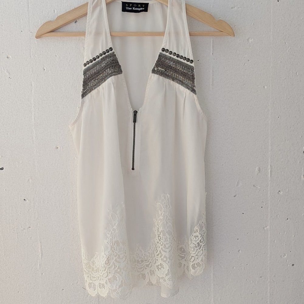The Kooples Sport White Sleeveless Beaded Zipper Lace Sheer Top NWOT